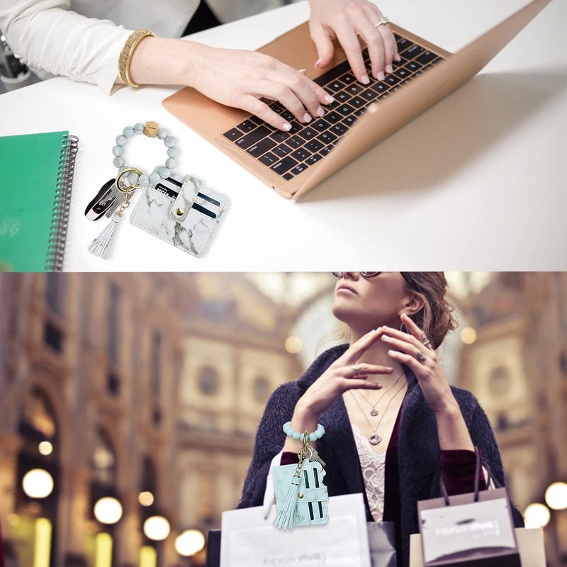 TSNSOEEO Keychain Wallet Wristlet Small Credit Card Holder Bracelet Key Chain Purse Bangle Tassel Beads Key Rings for Women - Image 5